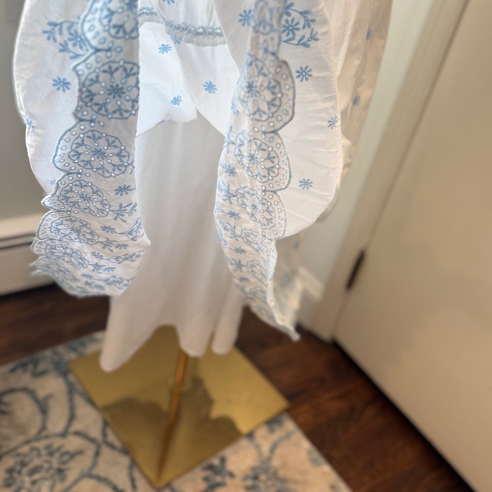 Rachel Zoe Blue/White Cotton Maxi Dress Eyelet Flutter Sleeve Romantic | Size 8 - Picture 5 of 13